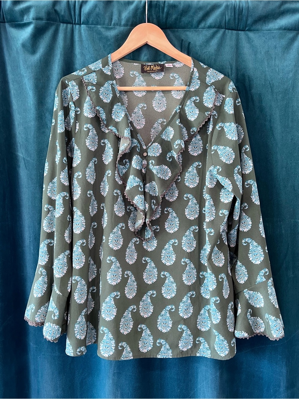 Bob Mackie Olive Green Paisley Ruffle V-Neck Blouse